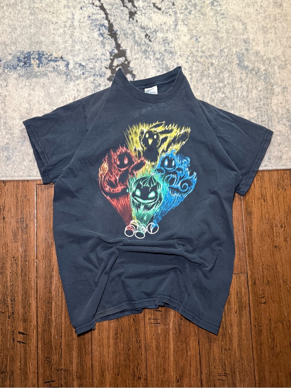 Pokémon Elemental Starters Graphic T-Shirt Faded Black Size Medium